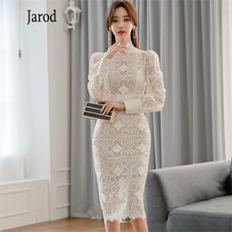 White Lace Bodycon Dress Autumn Women elegant Office OL stand collar Long Sleeve Midi Pencil Dresses 210519