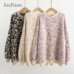 Julypalette Za Leopard Printed Knitted Sweater Women Casual Loose Long Sleeve Pullover Female Autumn Oversize 210922