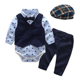 Baby Clothes Autumn Boys Suits New Born Gentleman Party Costume Soft Cotton Jumpsuit + Shorts Baptism Dress Newborn Gift Set G1023