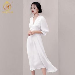 Summer Deep V-Neck White Casual Dress Women Solid Colour Puff Sleeve Pleated Vestido 210520