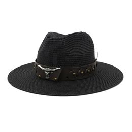 Summer Panama Sun Hats for Women Men Beach Straw Hat with OX Head Leather Band Fashion UV Sun Protection Travel Jazz Cap