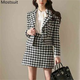 Hounstooth Wool&blend Two Piece Skirt Suits Sets Women Full Sleeve Blazer + Mini A-line Outfits Korean Elegant Ladies Set 210513
