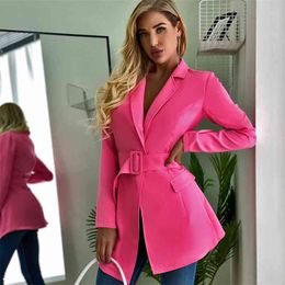 Foridol elegant belt blazer jacket women business office ladies blazer coat autumn winter streetstyle pink coat outwear 210415