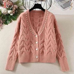Cardigans Women Knitted Sweater Autumn Winter Long Sleeve V neck Jumper Fashion Sweet Beaded Casual Streetwear 210914