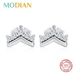 100% 925 Sterling Silver Simple Clear CZ Crown Charm Stud Earrings For Women Cute Party Christmas Gift Jewelry 210707