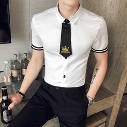 Fashion Tie Casual Slim Fit Dress Shirts Men Short Sleeve Shirt Night Club Party Work Tuxedo Male Clothing Camisa Masculina 210527