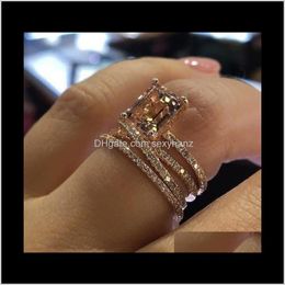 Trendy 14K Plated Rose Gold Square Crystal Rhinestone Gem Engagement Wedding Band Rings Champagne Colour Finger Ring Women Gift Size Qj Zwp8A
