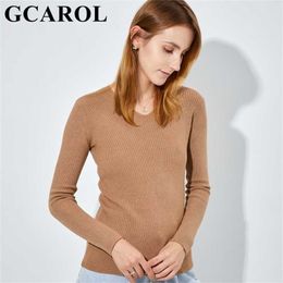 GCAROL Winter Women V Neck Soft Warm Minimalist Sweater Stretch Warm Stripes Pattern Knitting Pullover Elegant Rib Knitwear 2XL 211218