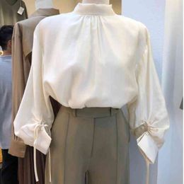 Temperament Stand Collar Solid Shirts Women Blouses Chic Shirring Designed Blusas Mujer Spring Long Sleeve Women Tops 210514