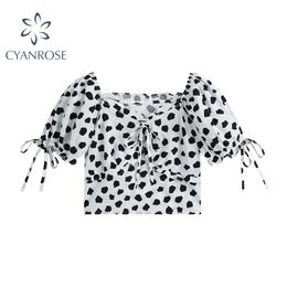 Puff Short Sleeve Square Chiffon Black Dot Shirt Women Bandage Design Crop Top Summer Korean Style Fashion Lady Blouse 210515