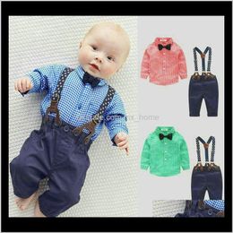 Kids Gentleman Clothes Autumn Spring Born Baby Infant Suit Plaid Shirt Bow Tie Suspend Trousers 2Pcs Suits Jkklc Aygdn