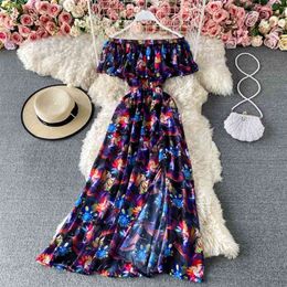 Summer Style Bohemian Vestidos Female One-line Collar Strapless Puff Sleeve Floral Midi Dress GK173 210507