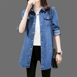 Spring Autumn Korea Fashion Women Long Sleeve Loose Denim Shirts Coats Double Pocket All-matched Casual Shirt Ladies Blouse S302 210512