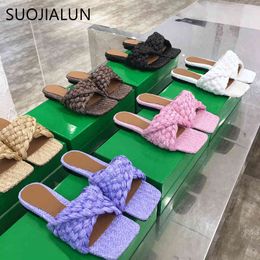 SUOJIALUN Brand Weave Women Slipper Square Toe Flat Heel Slides Summer Outdoor Beach Sandal Shoes Ladies Flip Flop Plus Size 41 C0407