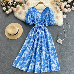 Kuzuwata Holiday Bohemian Print Dress Women High Waist Hip A Line Slim Vestidos V Neck Short Sleeve Summer Robe 210510