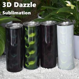 20oz Sublimation Straight Tumbler 3D Dazzle Colour Skinny Tumblers Peacock Pattern Glitter Heat Transfer Stainless Steel Water Bottles 2-Layers Insulated Cups Mugs