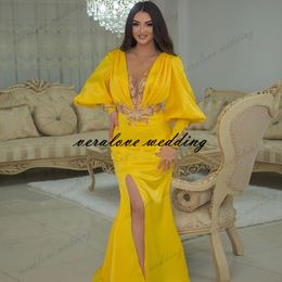 Yellow Plus Size Mermaid Evening Dresses For Women Long Sleeves Aso Ebi Prom Gowns Middle East Occasion Guest Dress