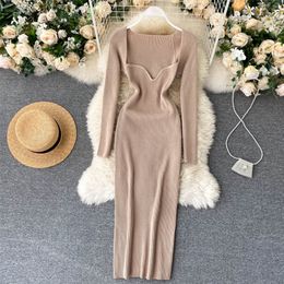 Croysier Dresses For Women Sexy Strapless Ribbed Knitted Bodycon Winter Long Sleeve Midi Sweater Clothes 220308