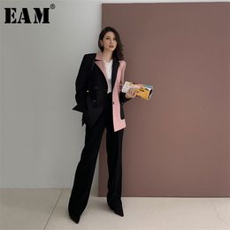 [EAM] Women Black Contrast Colour Big Size Blazer Lapel Long Sleeve Loose Fit Jacket Fashion Spring Autumn 1W482 211006