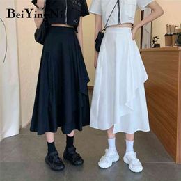 White Black Skirt for Women Korean Style Casual Ruffles Irregular Retro Plain Midi Skirts Woman Maxi Long High Waist 210506