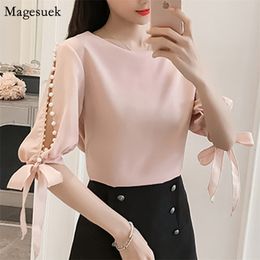 Summer Chiffon Blouse Women O-neck Loose Female Shirt Tops Beading Solid Pink White blouses Casual Blusas Mujer 0359 210512