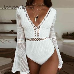 Women Lace Bodysuit Sexy Deep V-Neck Flare Sleeve Playsuit Romper Ladies Backless Long Hollow Out Body Suit Overalls 210428
