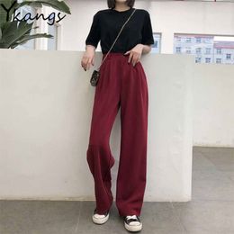 Fashion Black Wine red loose wide leg pants women Elastic high-waisted streetwear trousers Korean Casual solid Full Length pant 210412