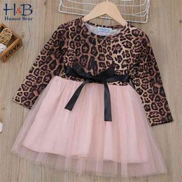 Girls Dress Long Sleeve Mesh Leopard Bow Princess Fashion Toddler Baby Kids Children Clothing 210611