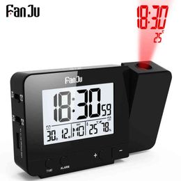 FanJu Digital Alram Clock LED Time Temperature Projector Humidity Metre Table Clock Snooze Thermometer Hygrometer FJ3531 211112