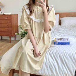 Sweet Princess Comfortable Chic Casual Homewear Lace Summer Sleepwear Striped Dress Pajamas Loose Nightdress 210525