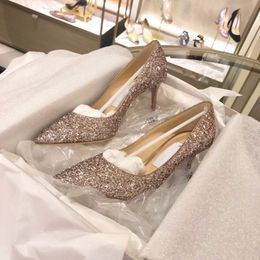 JC Jimmynessity Choo Glitter Ladies Silver High-quality Sequined Fashion- Stiletto Heels High Heels Wedding Bridesmaid Shoes 5cm 7cm 9.5cm