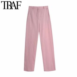 TRAF Women Chic Fashion Side Pockets Wide Leg Pants Vintage High Waist Zipper Fly Female Trousers Mujer 210415