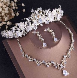 -Accesorios para el cabello de la boda Barroco Vintage Gold Crystal Leaf Pearl Disfraz Sets Sets Rhinestone Gargantilla Collar Pendientes Tiara Crown Set 0213