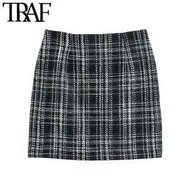 TRAF Women Chic Fashion Cheque Tweed Mini Skirt Vintage High Waist Back Zipper Female Skirts Mujer 210415