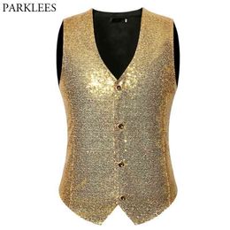 Mens Shiny Gold Sequin Glitter Embellished Vest Wedding Prom Slim Fit Vestcoat Male Gilet Homme DJ Club Stage Singer Costume 2XL 210522