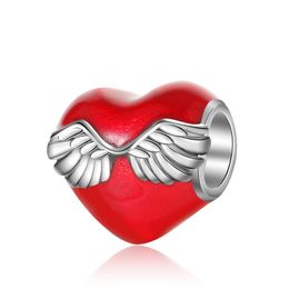 Fit Pandora Charm Bracelet Red Heart Wing feather Enamel European Silver Bead Charms Beads DIY Snake Chain For Women Bangle & Necklace Jewellery