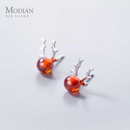 Silver Cute Small Red Crystal Deer Stud Earrings for Girl Anti-allergy 925 Sterling Ear Pins Studs Jewelry Gifts 210707