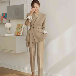 Autumn Pants Suit Lace-up Breasted Jacket Coat And Long Business 2 Piece Set Women Korean Slim Work Wear OL Blazer 210514