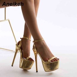 Aneikeh NEW Sexy Sandals Women Bling Golden PU Peep Toe Stripper High Heel Sandals Summer Fashion Buckle Strap Thin Heels Slides Y0305