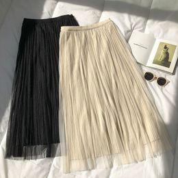 Casual Double-sided wear skirt female Korean mesh stitching pleated Skirt womens high waist a-line mid-length 210420