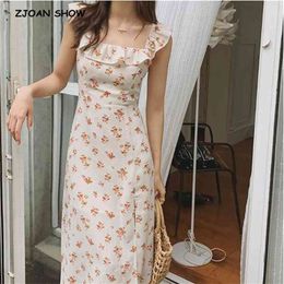 Vintage French Style Spliced Ruffles Women Dress Cream Floral Print Side Slit Sleeveless Sexy Beach Party 210429