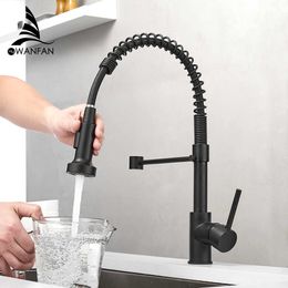 Kitchen Faucets Matte Black Faucets for Kitchen Sink Single Lever Pull Out Spring Spout Mixers Tap Cold Water Crane 9009 210724