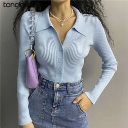 Korea Retro Sweater Tops Autumn Single-Breasted Polo Collar Knitted Shirts Female Long Sleeve Striped Solid Crop Top White 211103