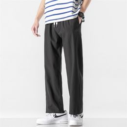 Privathinker Korean Summer Silk Feel Straight Long Pants Men Thin Light-Weight Wild Leg Trousers Solid Colour Men's Clothing 220108