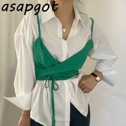 Casual Spring White Full Turn Down Collar Blouse Candy Color Bandage Slim Waist Camisole Top Sexy 2piece Set Women Wild 210610
