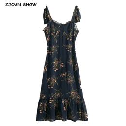 Vintage French Grass Floral Print Bandage Spaghetti Strap Ruffles Hem Midi Dress Retro Sexy Women Tie Bow Sling Summer Vestido 210429