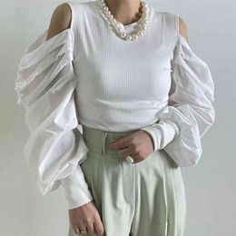 Knitting Stitching Trendy Women Plus Size Shirt Hollow Folds Lantern Sleeves Blouse Korea Chic Round Neck Summer 210510