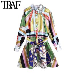 TRAF Women Chic Fashion With Belt Chain Print Mini Dress Vintage Long Sleeve Button-up Female Dresses Vestidos Mujer 210415