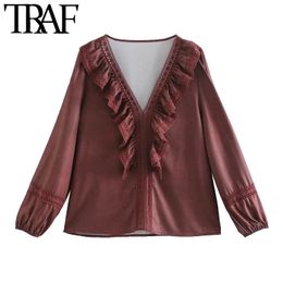 TRAF Women Fashion With Ruffle Trim Loose Blouse Vintage V Neck Long Sleeve Female Shirts Blusas Chic Tops 210415
