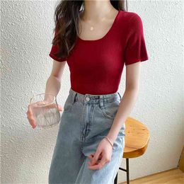 The Spring and Summer O Neck Ice Silk Knit Short-sleeved T-shirt French Big Neckline Slim Stretch Top Women 210507